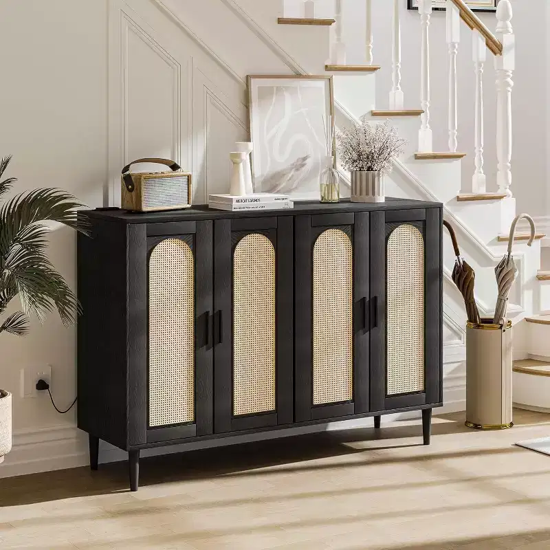 47.4 Rattan Sideboard Buffet Cabinet, Wooden Side board Accent Buffet With Power Outlet, Wood Sideboard With 4 Doors