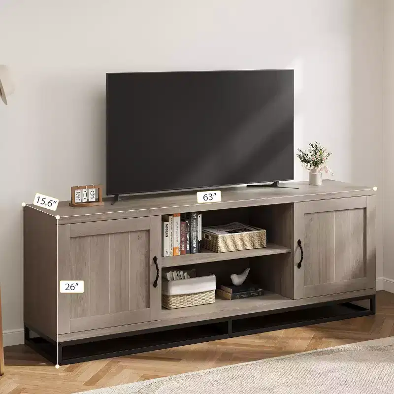 Acekool Farmhouse TV Stand for Living Room, 2-Tier Adjustable Shelves, Metal Base, Media Console for 75 Inch TV, Gray