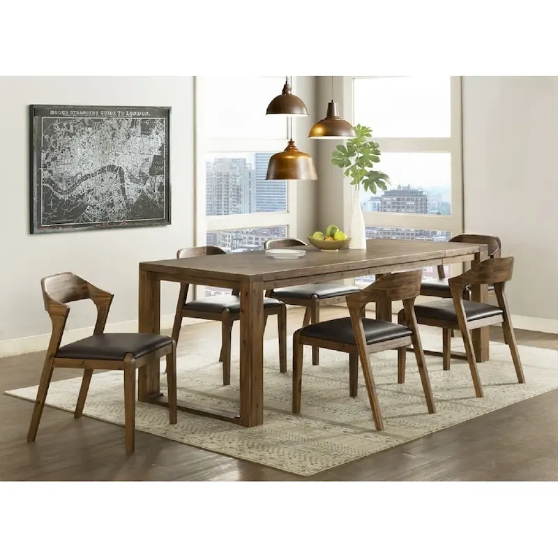 Mid-Century Dining Side Chair, Rubberwood, Faux Leather Padded Seat, Chestnut Wire-Brush Finish