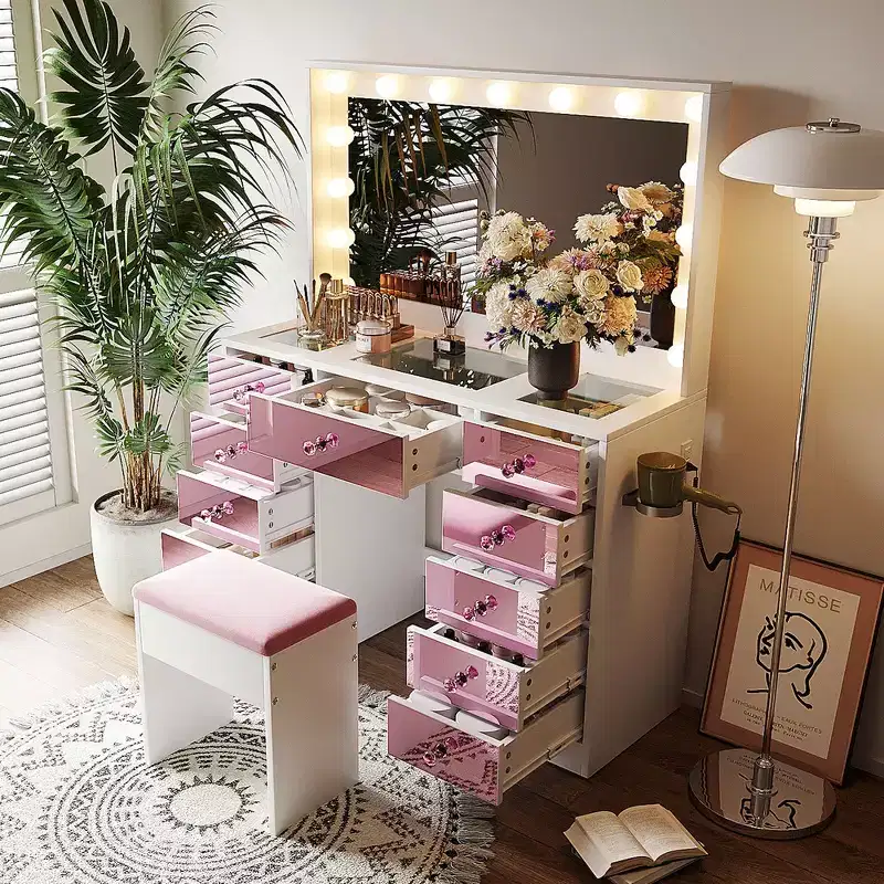 Glamorous Pink Mirrored Vanity Desk with 6 Drawers, Glass Top & Velvet Stool