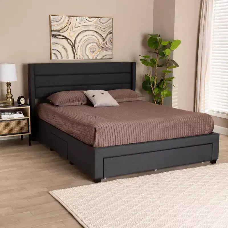 Full Braylon Fabric & Wood Platform Storage Bed with Drawer - Baxton Studio