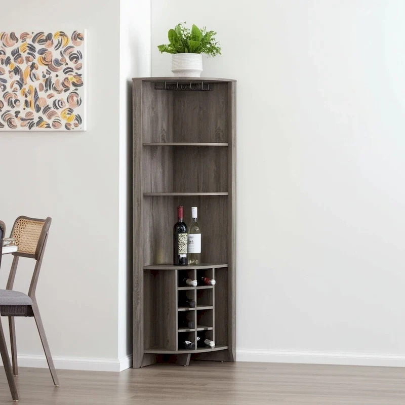 Dark Brown Wood Corner Bar Cabinet