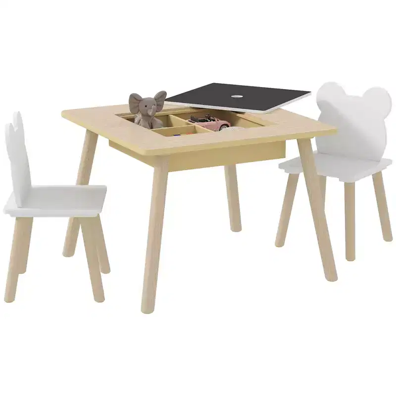 Qaba 3 Piece Kids Table and Chair Set, 3 in 1 Toddler Table and Chair Set with Convertible Desk & Storage for Nursery, Classroom, Playroom