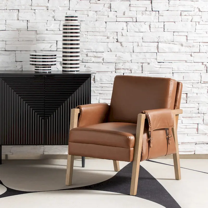 Farmhouse-style faux leather armchair with solid wood legs