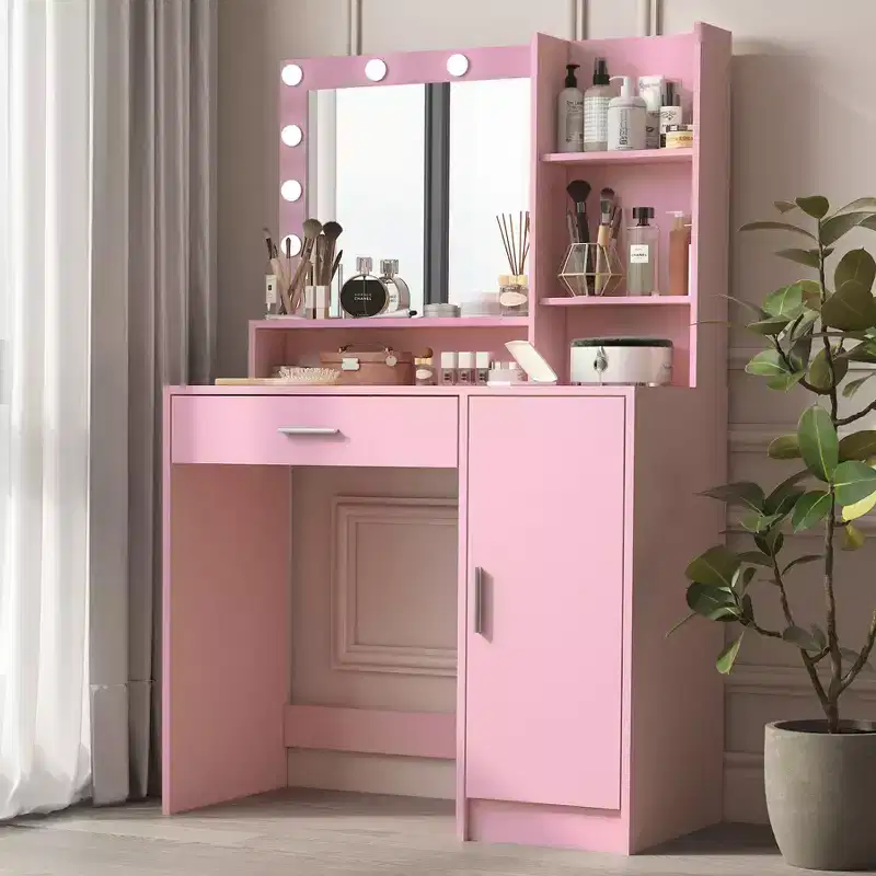 Modern Vanity Table with Mirror & Adjustable LED Lights, Large Dressing Desk with Three Level Storage, Makeup Table for Bedrooms