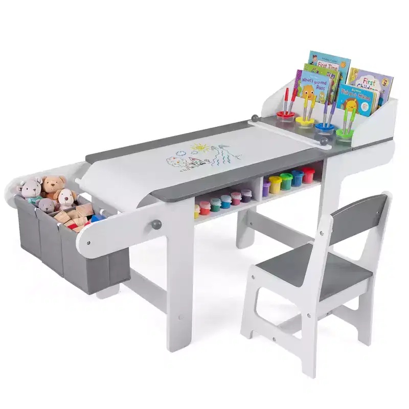 Costway Wooden Kids Art Table & Chair Set w/Paper Roll&Fabric Bins for Drawing Reading