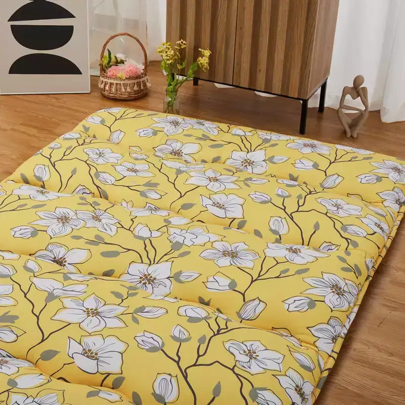 Acekool Full Size Japanese Floor Futon Mattress, Floral Printed Tatami Mat, Foldable Roll-Up Sleeping Pad for Guest Room, Dorm  Stylish Yellow