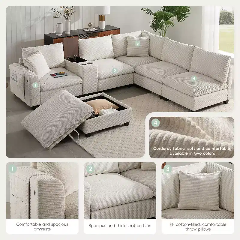 Modern Chenille 4-seat Sectional Sofa with Ottoman, L-Shaped Cloud Couch Set with Throw Pillows