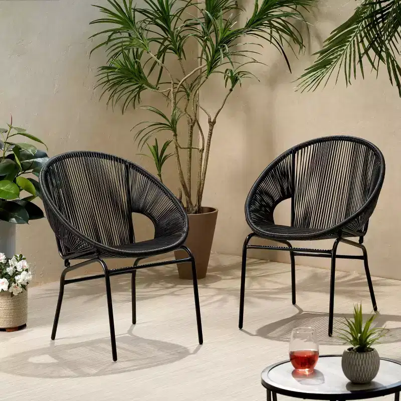 Okak Outdoor Chair with Roping Seats and Backrest Set of 2, Metal Frame Porch Chairs with Modern Design, Patio Chair for Garden