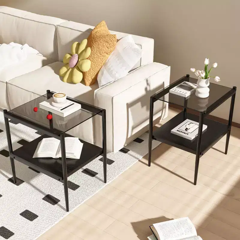 Modern End Table with Tempered Glass Tabletop, Set of 2
