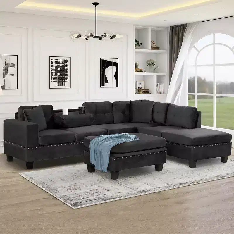 105 Inch L-Shaped Modern Sectional Sofa with Storage Ottoman & 2 Pillows