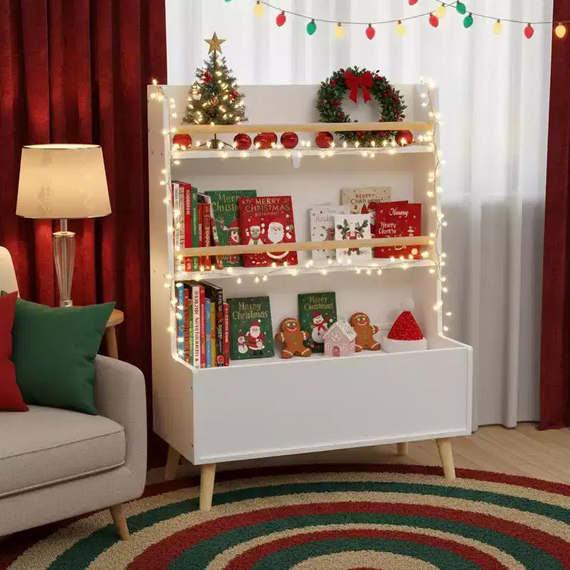 Homy Casa Kids' Bookshelf with Open shelves and Storage Bin, White Bookcase with Wooden Legs for Playroom or Bedroom