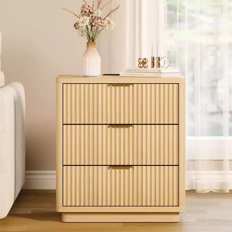 Fluted Nightstand with 3 Drawers, Built-In Outlet & USB Ports, Light Wood, Space Saving