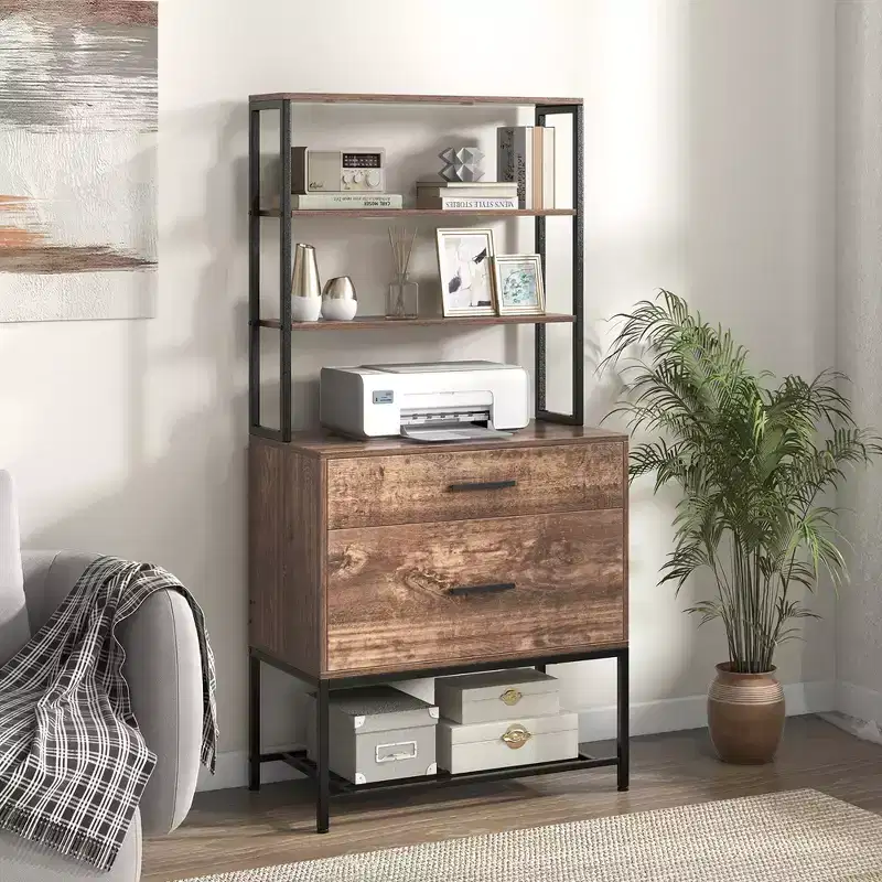 File Cabinet with Charging Station, 3-Tier Open Shelves & Large Drawer, Rustic Brown