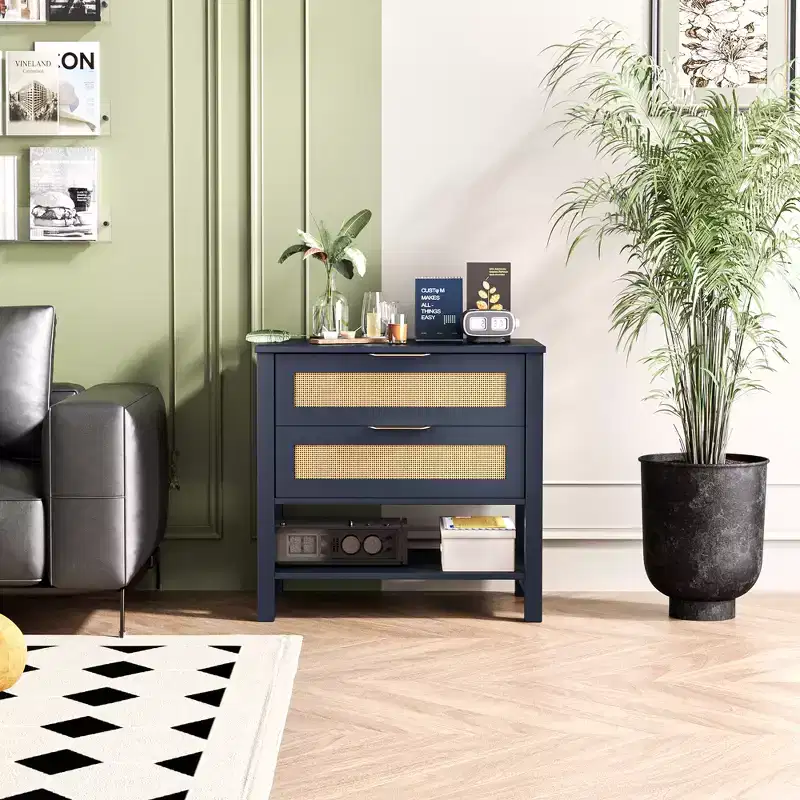 Rattan 2 Drawer Nightstand for Bedroom and Living Room