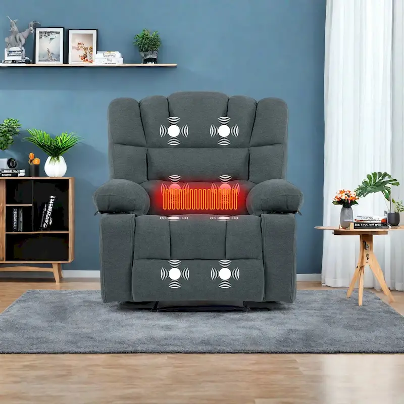 Grey Chenille Manual Recliner Chair with Massage, Heating, Cup Holders for 1 Person