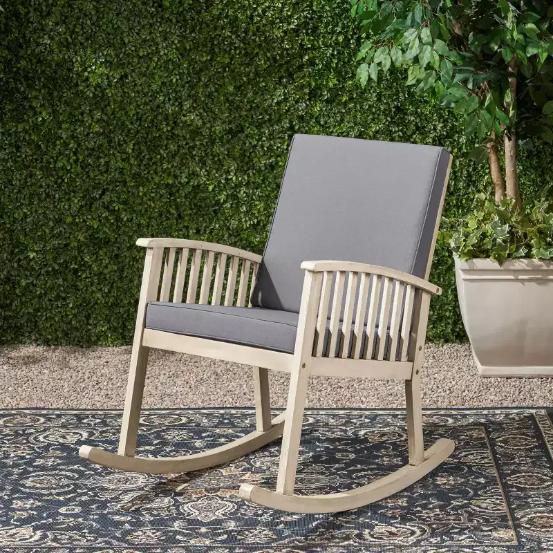 TUYOHW Premium Acacia Patio Rocking Chair,Boho Style Outdoor Accent Chair,Set of 1,Upholstered Leisure Chair for Porch,Backyard & Garden,Gray