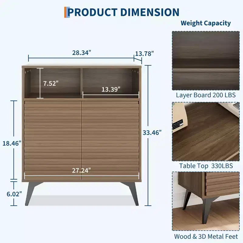 Fluted Storage Cabinet, Sideboard Buffet Cabinet with Storage & Adjustable Shelves for Kitchen, Entryway