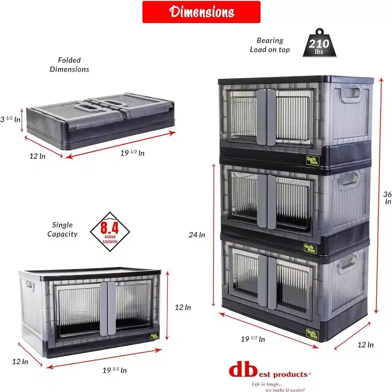 dbest products Quik Box Stackable Storage Bins With Doors Collapsible Organizer & Foldable Container - 8.4 Gal
