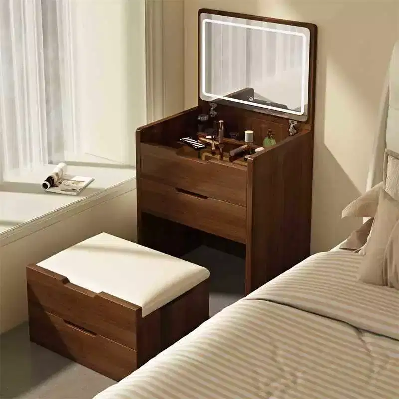 Vanity Table with Flip Top Mirror, Compact Vanity with Visible Glass Desktop and Cushioned Tool, Vanity Desk for Bedroom
