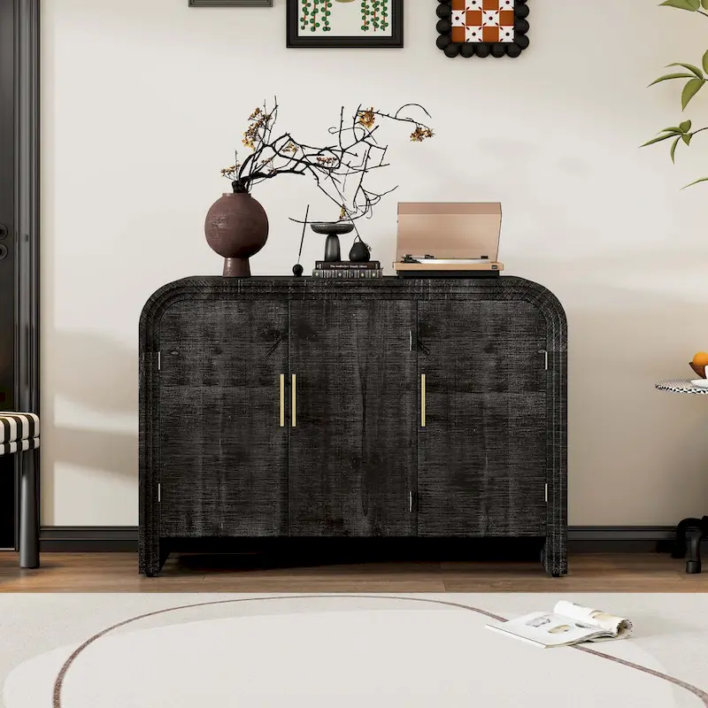 Natural Wood Wash / Antique Black Curved 3-Door Sideboard with Adjustable Shelves for 1–2 Person