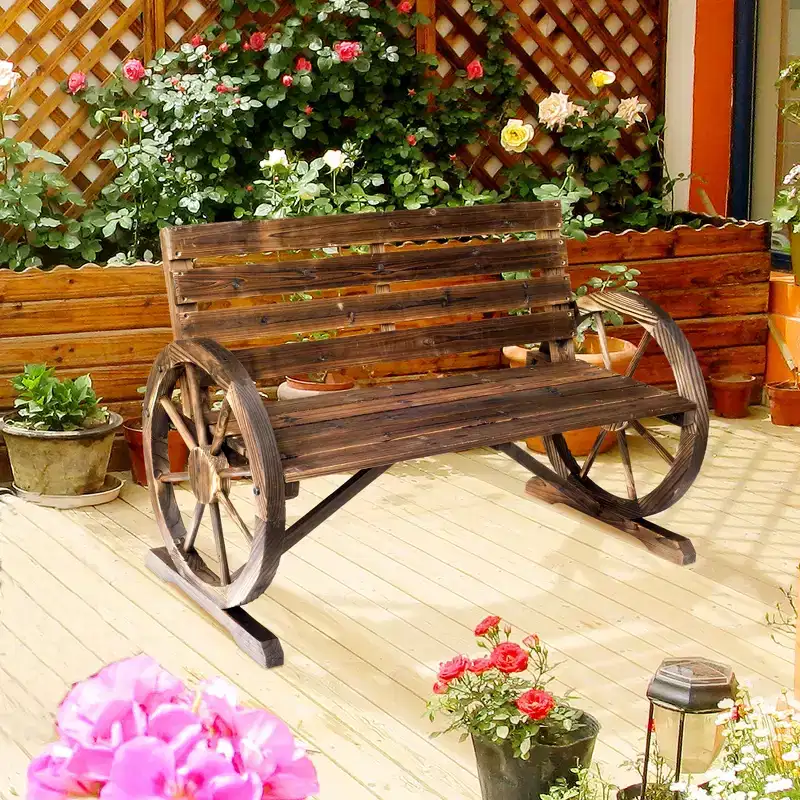 GDFStudio Ansel Patio Rustic Wooden Wagon Wheel Slatted Bench