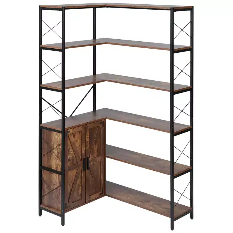 6 Tier Corner Bookshelf, 70 Tall Corner Bookcase with Storage Cabinet, 2 Barn Doors & 10 Storage Shelves, Brown