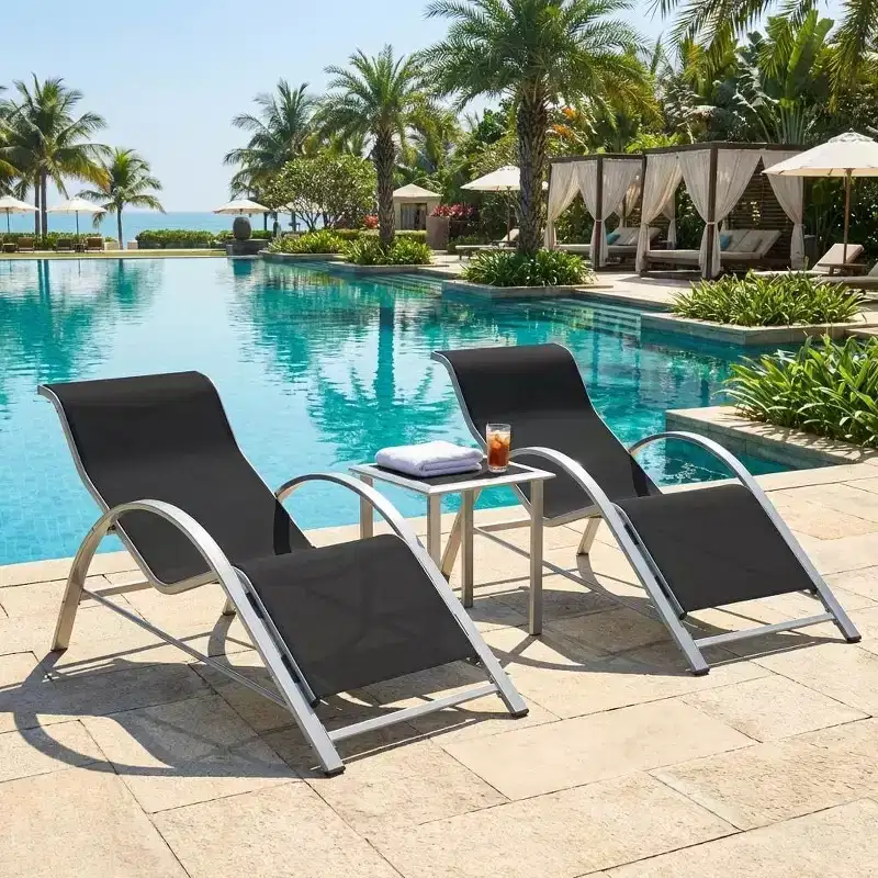 Rust-Resistant Aluminum 3 Piece Patio Lounge Chair Set, 2 Outdoor Reclining Loungers & 1 Side Table, Stackable Space-Saving for Poolside, Garden