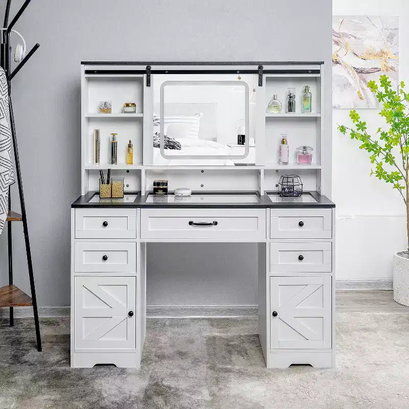Vanity Desk with Adjustable Sliding Mirror and Lights in White