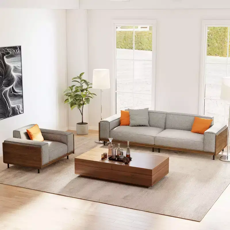 Modern Mid-Century 2-Piece Living Room Furniture Set - Upholstered 3-Seater Sofa & Armchair with Wood Accents - Light Gray Gaoyangjiaju