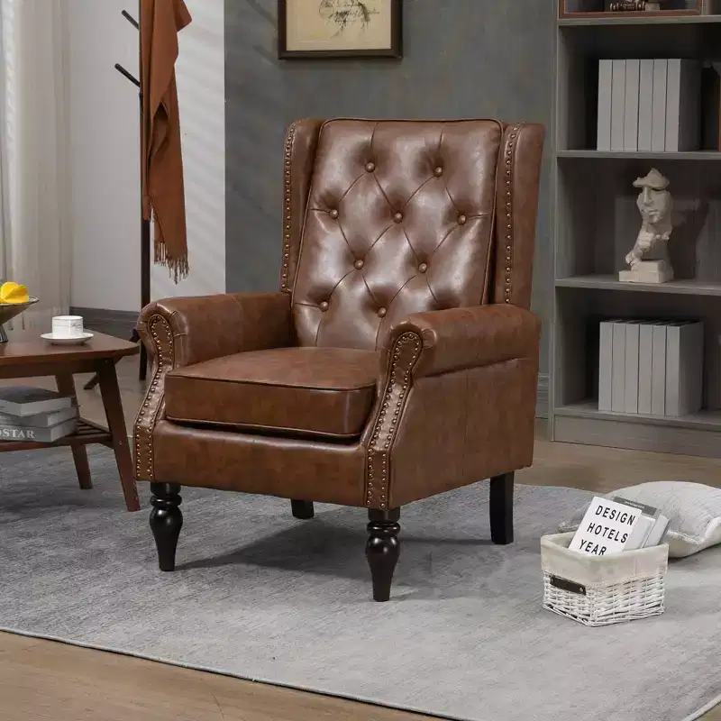 Wood Frame Armchair, Sturdy Wood Legs, Living Room Bedroom, Black PU