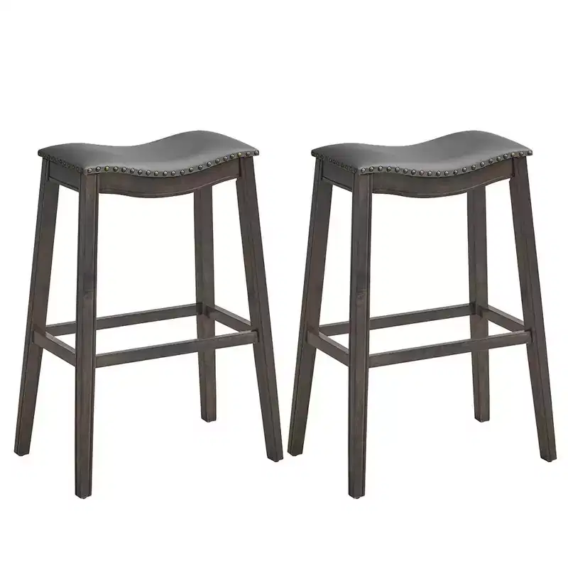 Costway Set of 2 Saddle Bar Stools Bar Height Kitchen Chairs w/ Rubber Wood Legs