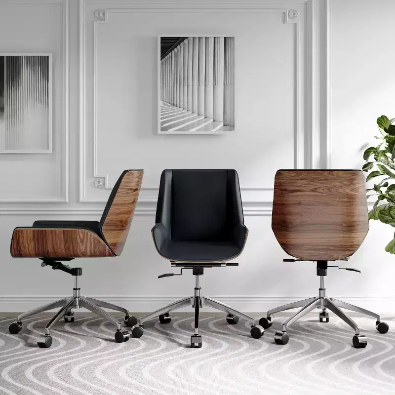 Tree City- Mid-Century Modern Swivel Office Chair with Walnut Bent Wood Back and Faux Leather Seat  Adjustable Height & Rolling Base
