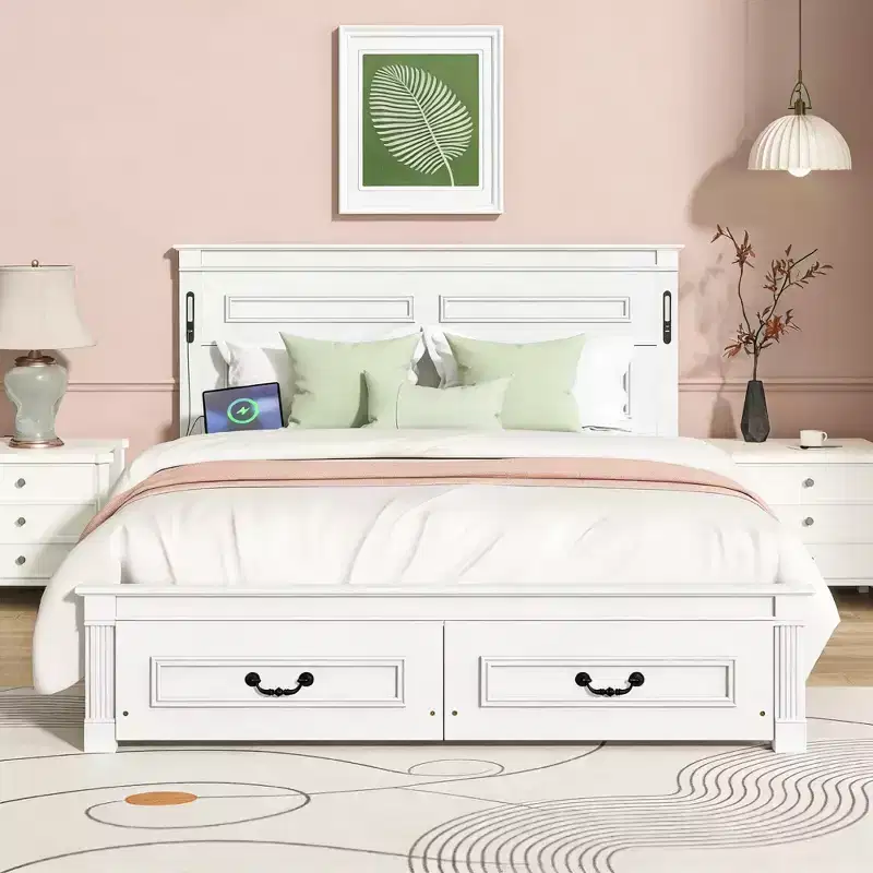 Luxystar Modern Wooden Bed with Tall-Panel Headboard, Footboard, 2 Storage Drawers and Lights