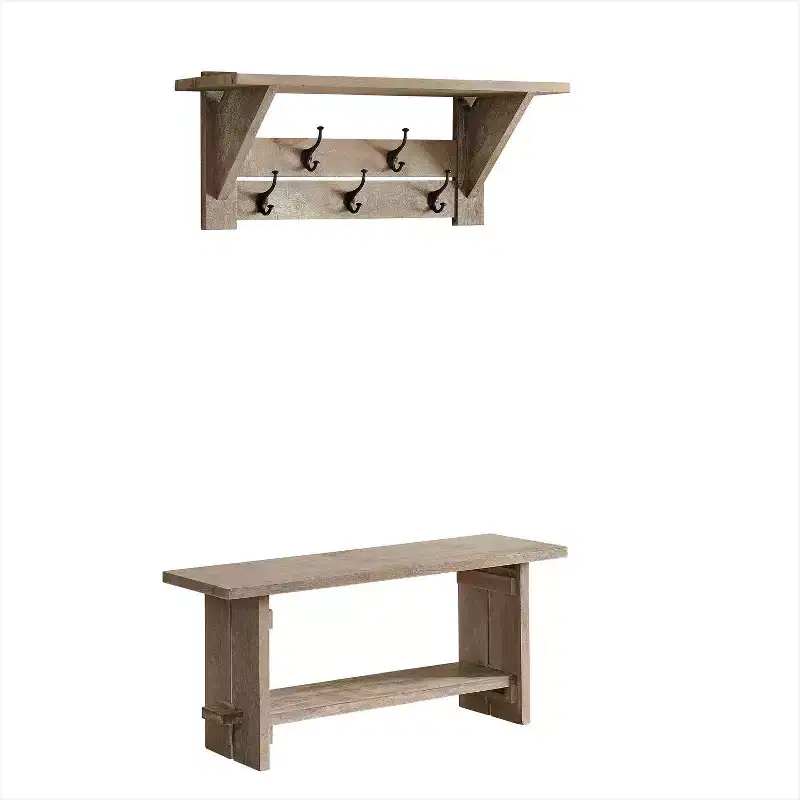 40" Castleton Mango Wood Bench and Coat Hook with Shelf Driftwood