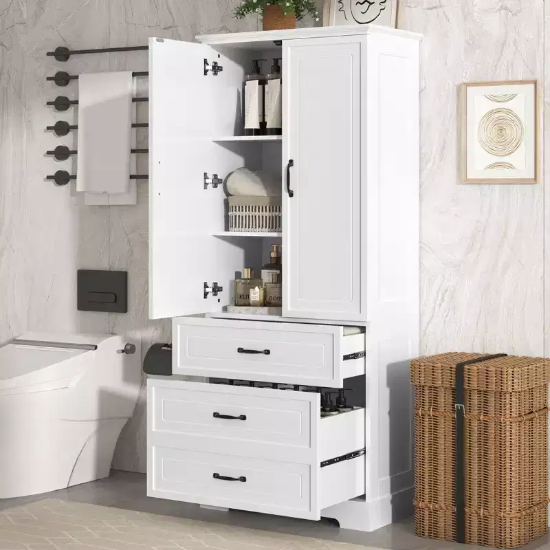 JVNOXK-Tall Bathroom Storage Cabinet, Cabinet with Two Doors and Drawers, Adjustable Shelf, MDF Board, White