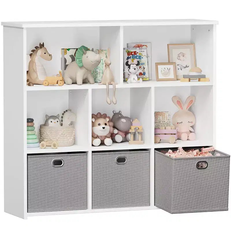 GOTGELIF Kids Bookshelf & Toy Storage Organizer - Solid Wood, 3-Tier Rack, 5 Cubbies & 3 Drawers