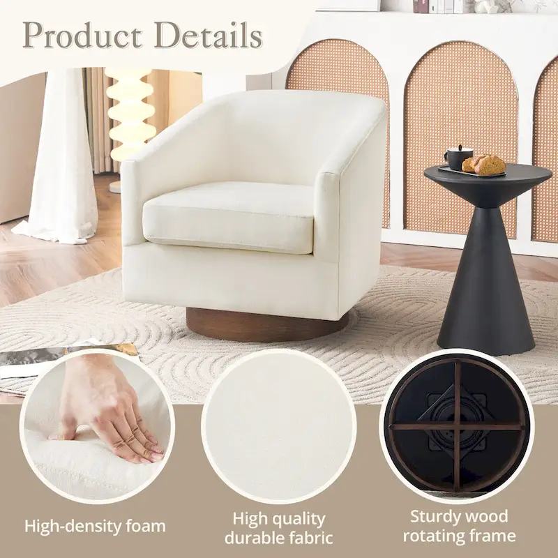 Modern Accent Chair Upholstered Fabric Living Room Swivel Barrel Armchair Wood Frame