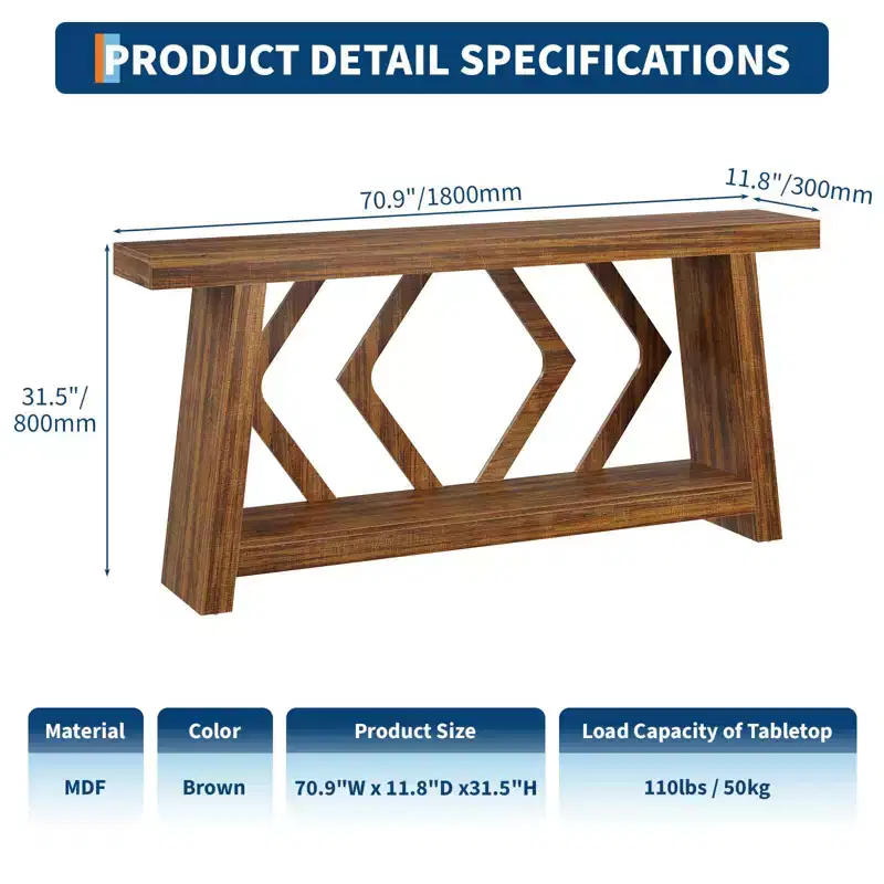 70.9 Inch Console Table with 2-Tier Storage, Narrow Entryway Table, Farmhouse Sofa Table for Hallway Living Room