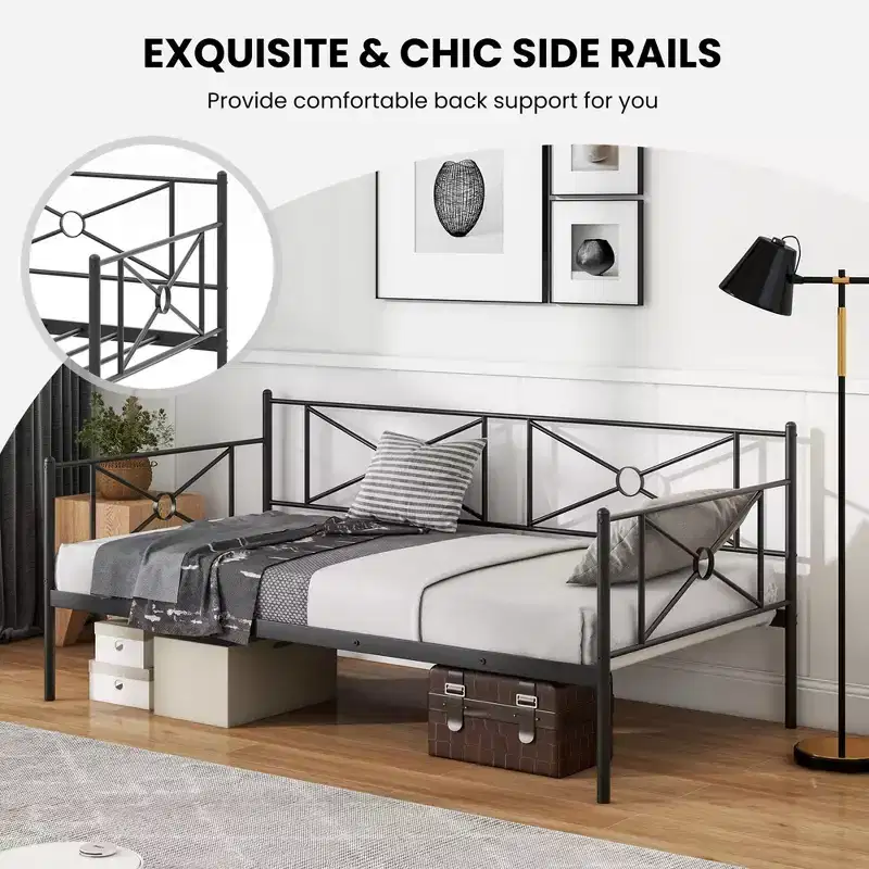 Twin Metal Daybed Frame with Slats, Classic Mattress Foundation Bed Sofa - White/Black