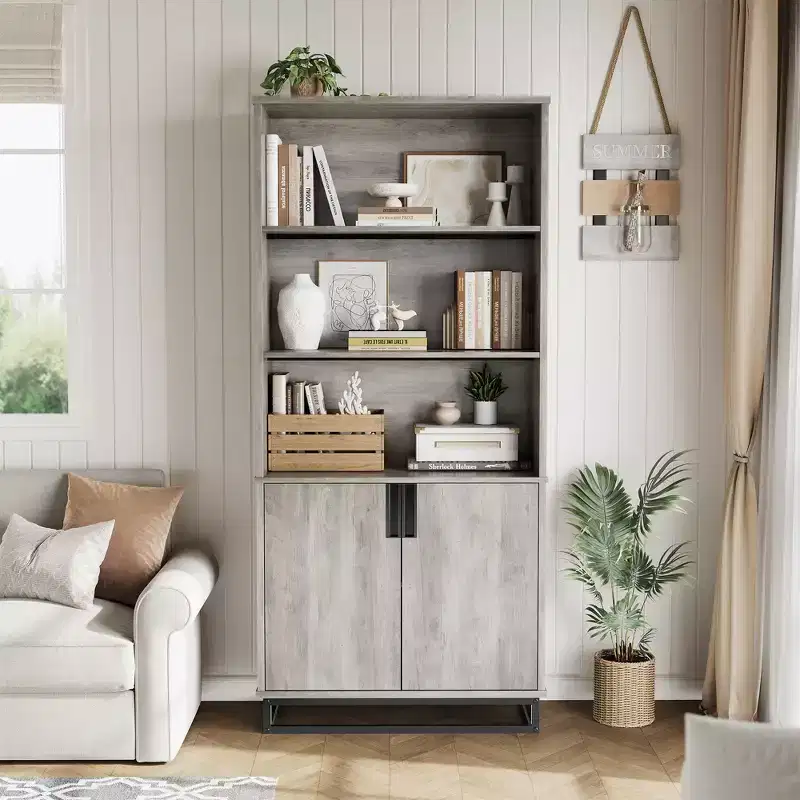 70.6-Inch 5-Tier Farmhouse Bookcase with Doors, Metal Base and Adjustable Shelf for Living Room
