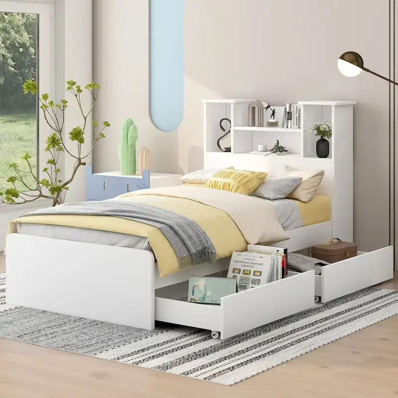 Twin Storage Platform Bed with 4-Shelf Headboard & 2 Drawers – Grey / White, Pine & MDF, Single
