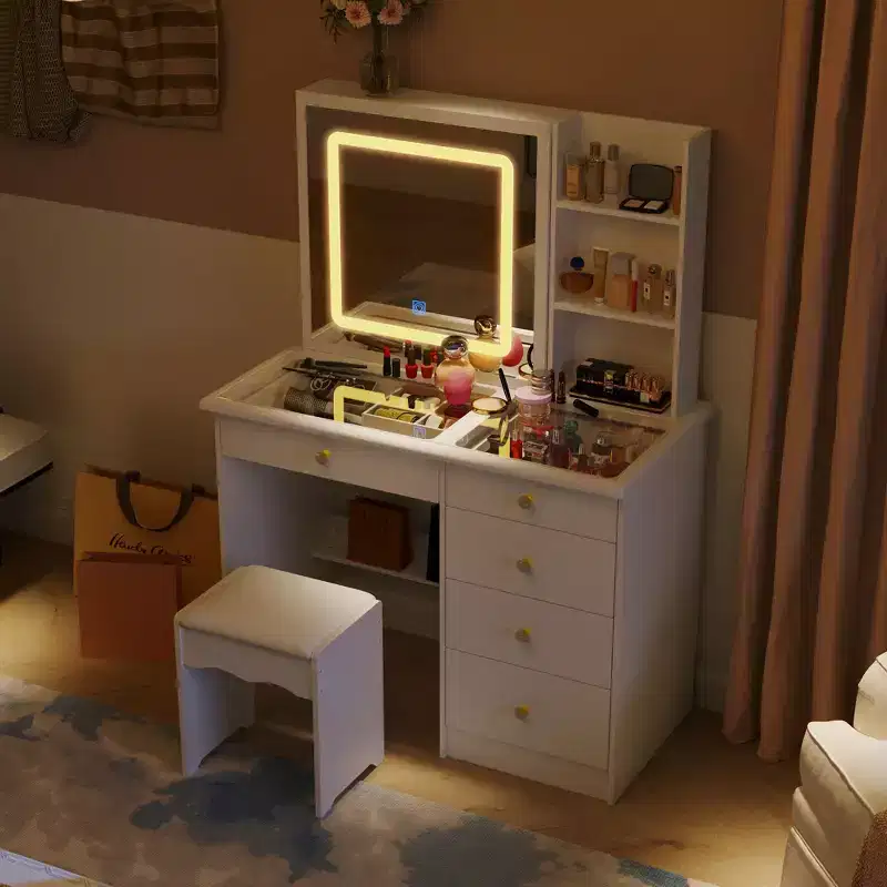 White Makeup Vanity Table with Crystal Accent Lighting, Sliding Mirror and Glass Top
