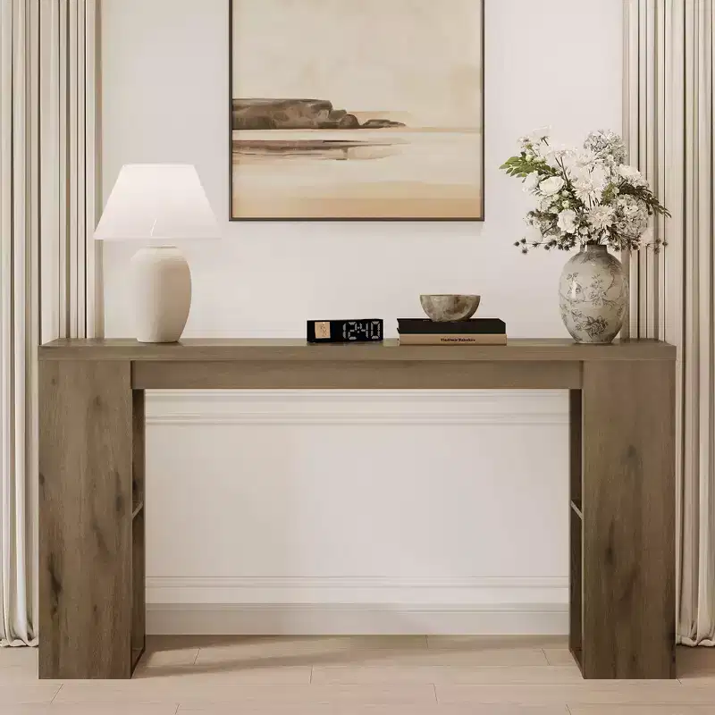 63 Natural Farmhouse Console Table with Storage, Long Narrow Sofa Table for Entryway, Behind Couch