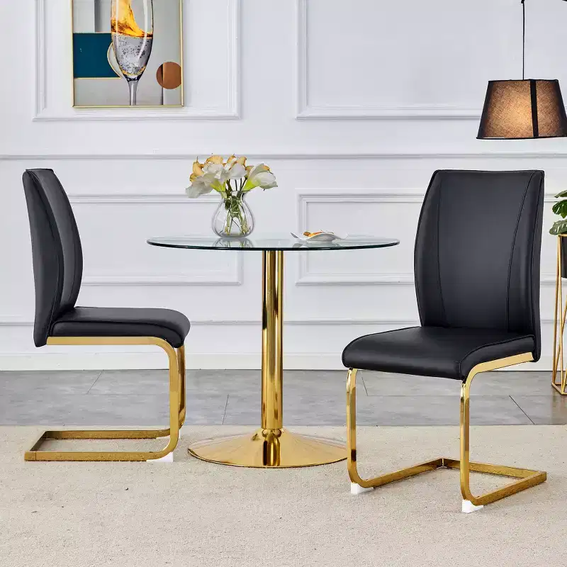 Zeus & Ruta Luxury Minimalist Arch Dining Chairs Set of 2 with PU Material , High Resilience and Gold Metal Legs