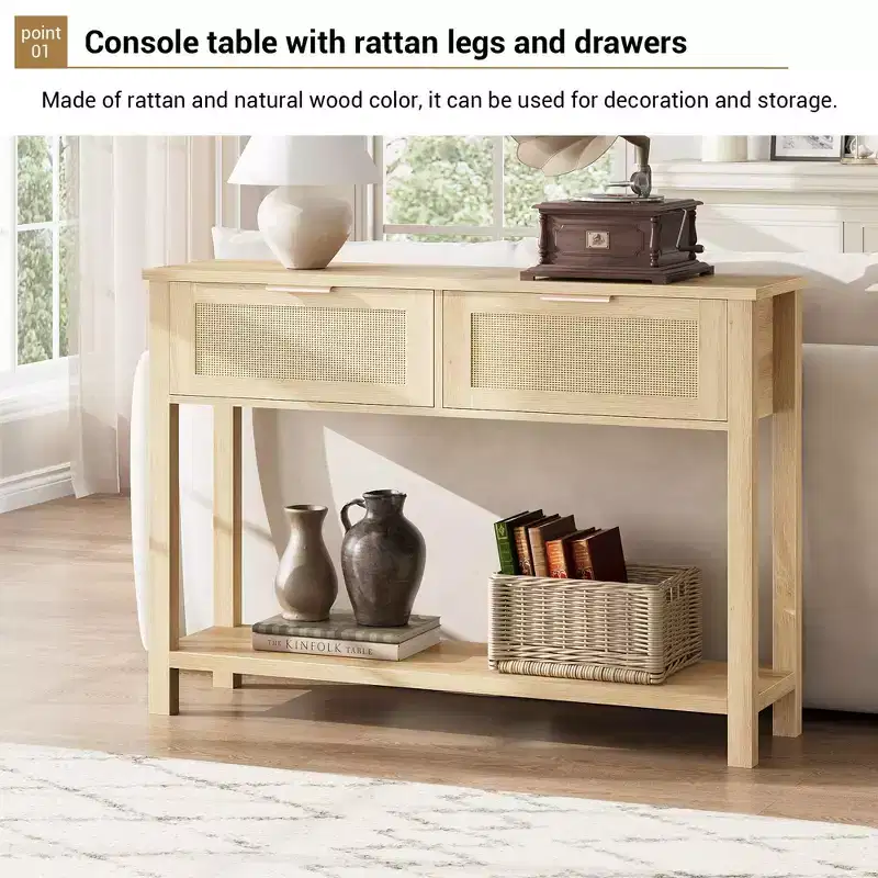 Farmhouse Rattan 43 Console Table  2 Drawers & Open Storage Shelf  Narrow Sofa Table for Entryway, Living Room, Hallway, Foyer