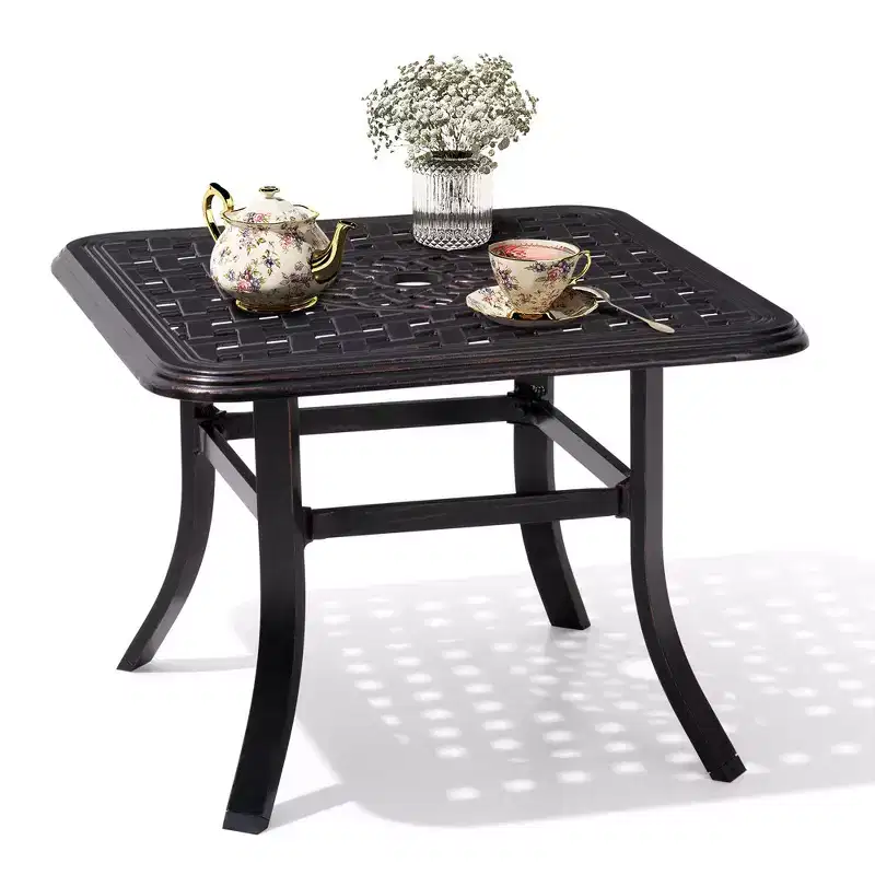 Crestlive Products Cast Aluminum Patio Side Table Outdoor Square Anti-Rust with Umbrella Hole Coffee Bistro Table 24 Black with Bronze Spot
