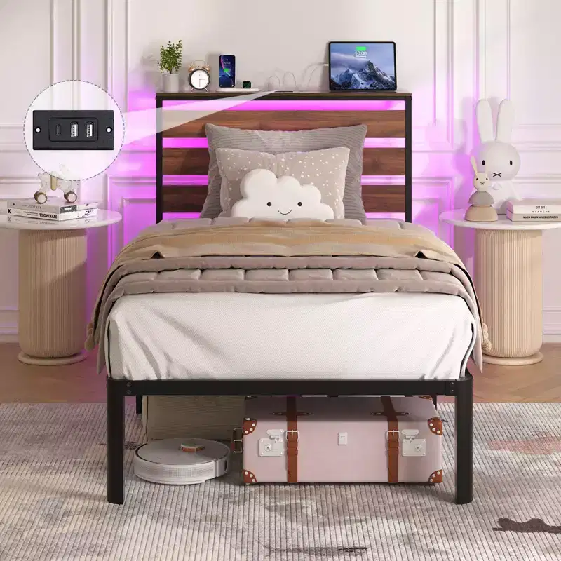 Lusimo Twin Metal Platform Bed Frame with Charging Station & LED Lights Space Saving Easy Assembly
