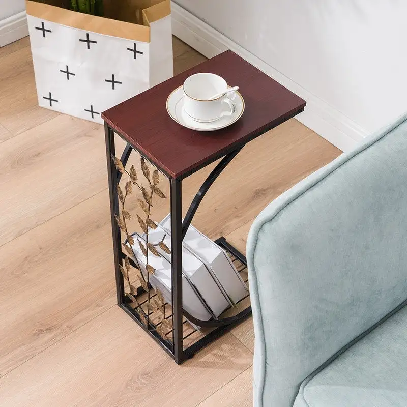 C-Shape Side Table with Leaf Pattern Iron Frame and Wood Top, Brown and Gold, 12L x 8.27W x 21.26H in