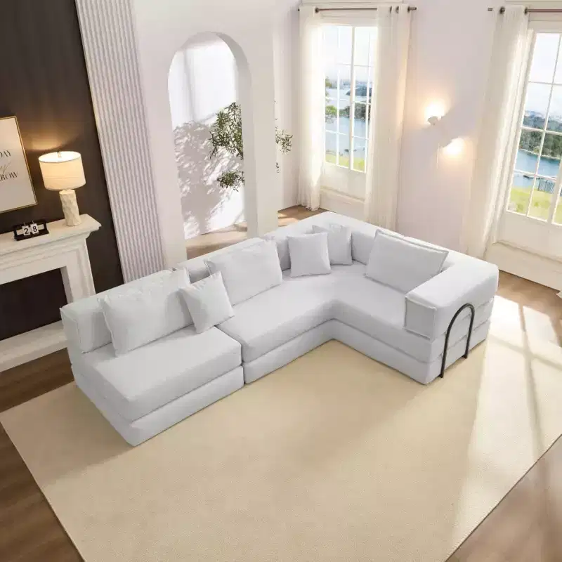 MooxvMoo 118.2 Modular L-Shaped Sectional Sofa Set, 118.2 Inch Oversized Couch with 6 Pillows, Upholstered Floor Sofa, Beige White